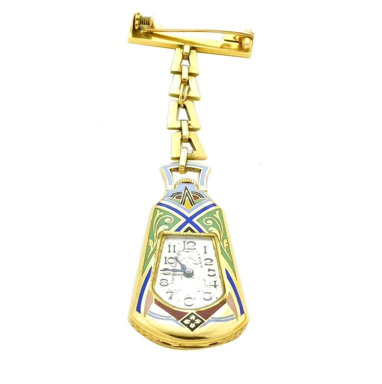 Featuring a polychrome enameled watch. The case suspends from enameled chain and pin, Egyptian style, Leicht-Mayer, Lucerne, 15 jewels, circa 1930s. 3