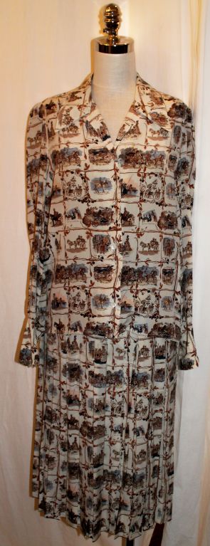 Vintage Hermes Western Print Silk 2 pc outfit (Blouse & Skirt)-Sz 40-Circa 80's. This garment is in excellent pre-owned condition.<br />
Measurements Blouse:<br />
Bust: 41