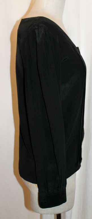 Women's YSL Black Silk Pleated Button down Blouse~34