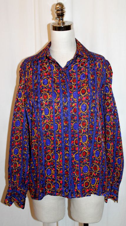 YSL silk multi color long sleeve blouse button down. Shoulder to should isn 15.5 inces, Sleeve length is 24 inches