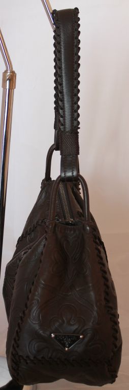Prada Soft Chocolate Embossed Leather Hobo Handbag 1