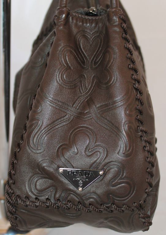 Prada Soft Chocolate Embossed Leather Hobo Handbag 2