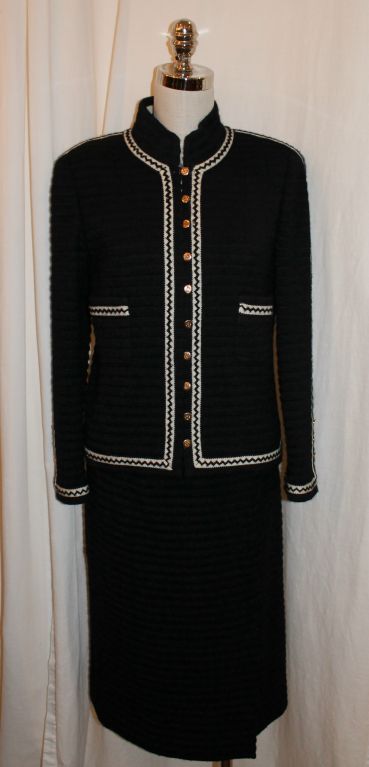 Chanel Black & Ivory Wool Knit Skirt Suit