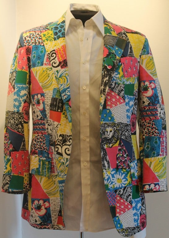 Vintage Lilly Pulitzer Mens Stuff multi color/print sport jacket~40. 100% cotton. Polyester soft yellow lining. Two button front closure. Two buttons on sleeves. Dry Clean Only. Vent in back of jacket. Sleeve lenght is 24 inches. Shoulder to