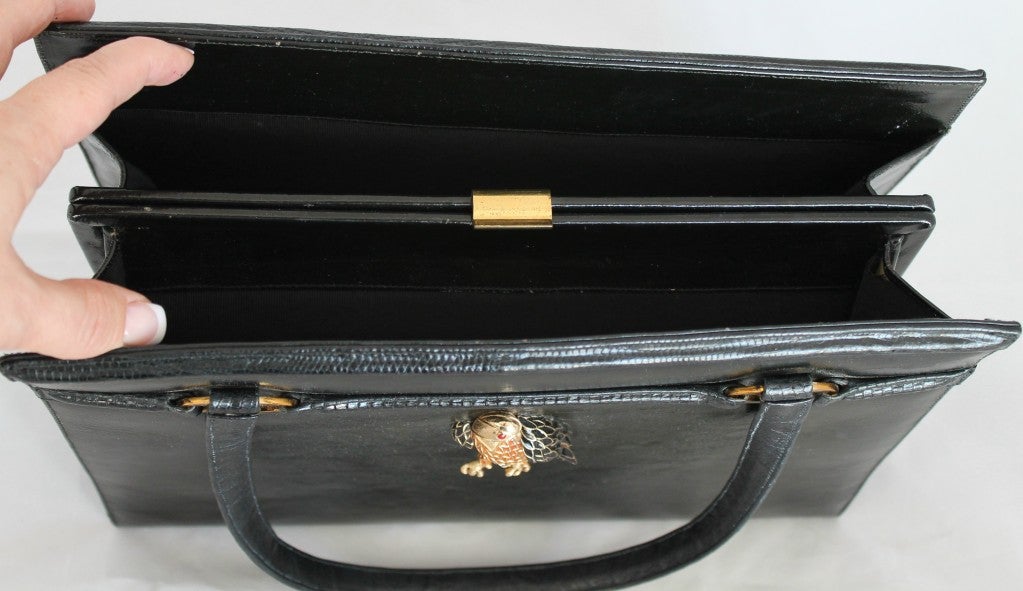 Vintage Martin van Schaak Black Leather Handbag with Eagle Brooch 1