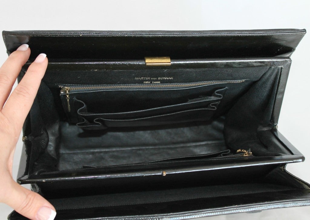 Vintage Martin van Schaak Black Leather Handbag with Eagle Brooch 2