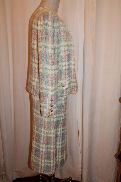 Brown Vintage Chanel Pastel Tweed Skirt Suit-Circa 70's