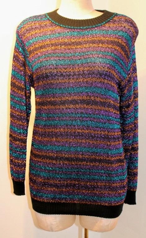 YSL Vintage Wool Blend Metallic Bronze/Aqua/Violet Sweater. Shoulder to shoulder measurement is 17 inches. Sleeve Length is 22 inches.