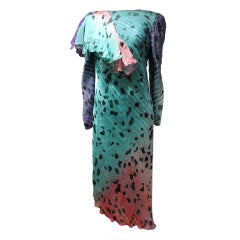 Retro Judith Hornby Turqouise Print Silk Dress-Size 8