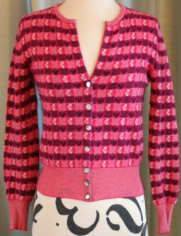 Chanel Pink Print Cashmere Cardigan Sz 36 Circa 01P at 1stdibs