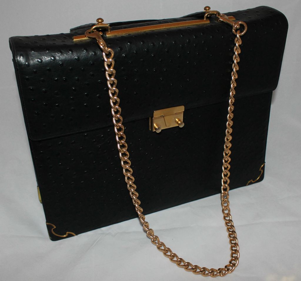 Women's Vintage Black Ostrich Top Handle Handbag