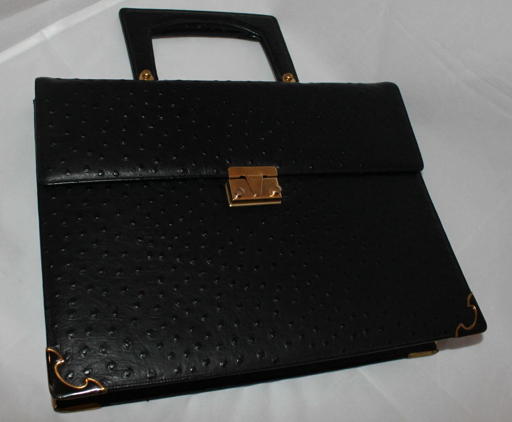 Vintage Black Ostrich Top Handle Handbag 4
