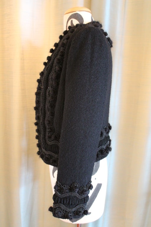 Women's Oscar de la Renta Black Wool Crop Jacket with Embroidery Trim - 6