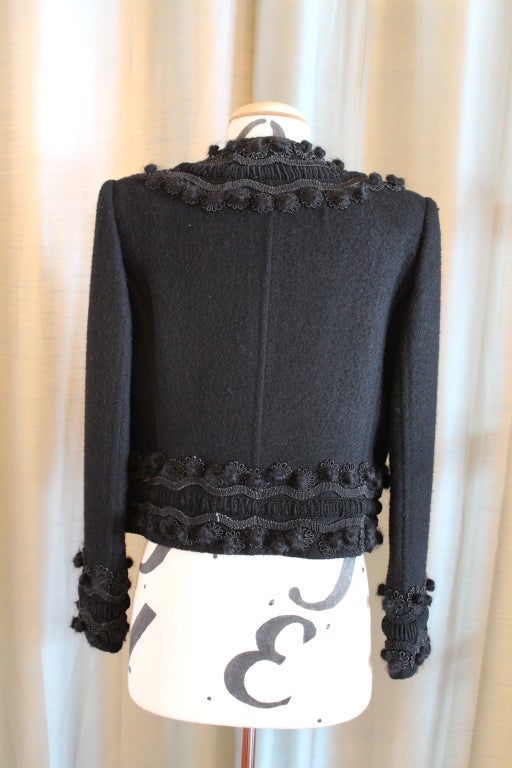 Oscar de la Renta Black Wool Crop Jacket with Embroidery Trim - 6 2