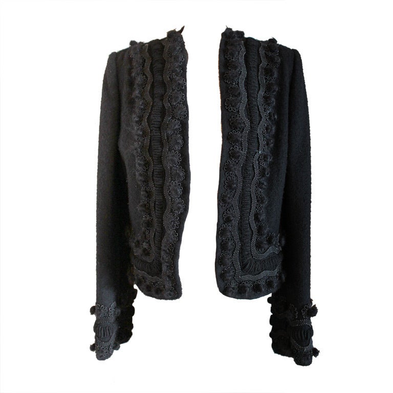 Oscar de la Renta Black Wool Crop Jacket with Embroidery Trim - 6