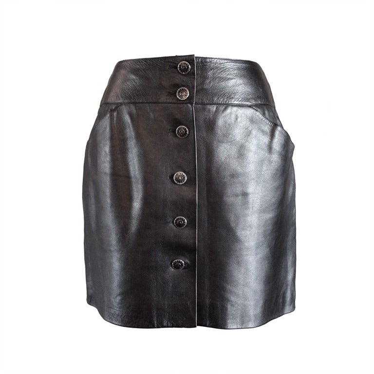 Chanel Black Leather Mini Skirt with Enamel Buttons -38