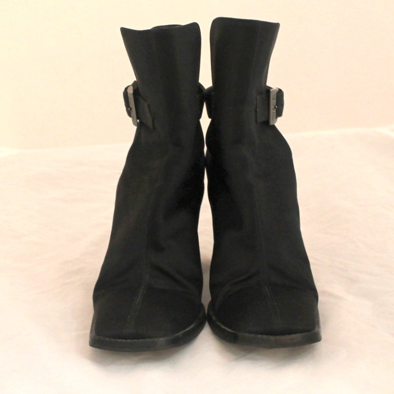 Chanel black satin bootie w/ strap and silver buckle. Satin heel 3.5