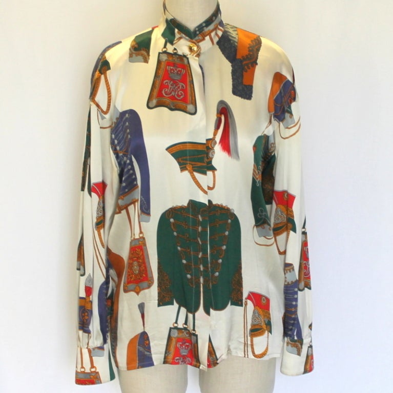 Escada multi color print silk blouse, length 25.5