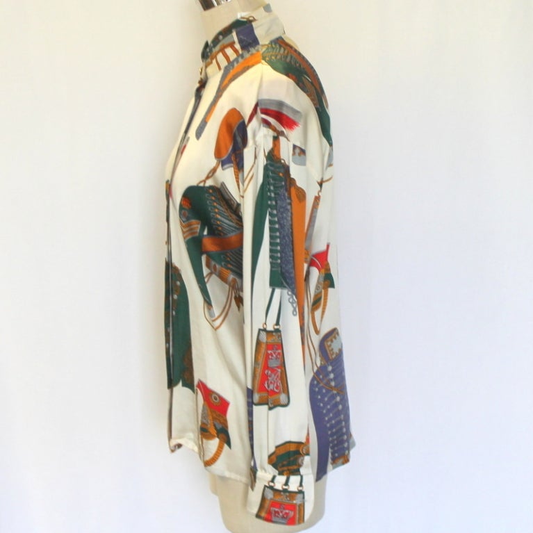 Beige Escada Multi Color Print Silk Blouse