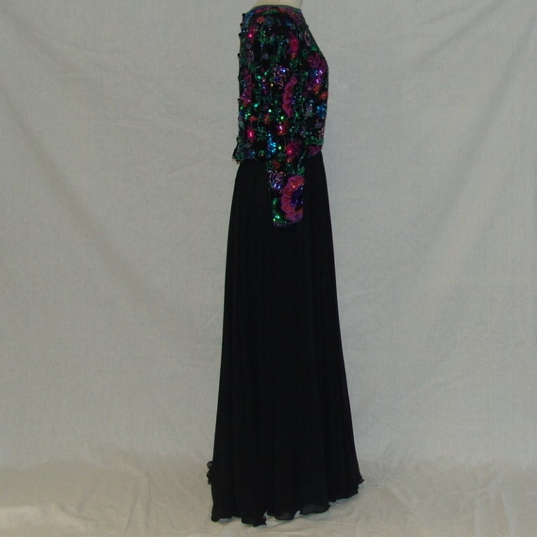 Yvette black chiffon gown, with multi colored sequins, length 59