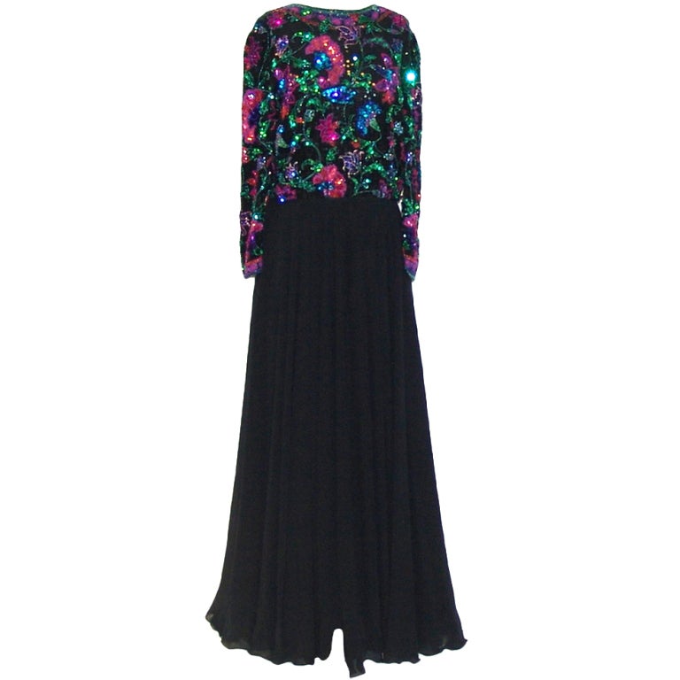 Yvette Black Chiffon Gown with Multi Colored Sequins at 1stDibs