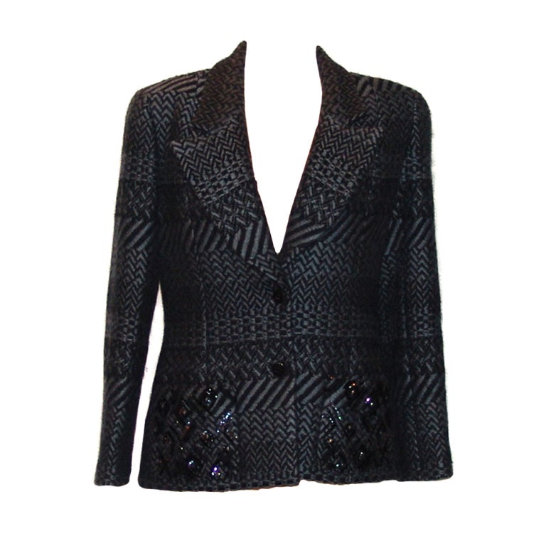 Chanel Herbst 2000 Blau Graue und schwarze Tweed-Jacke mit Paillettendetails - Größe 42 im Angebot