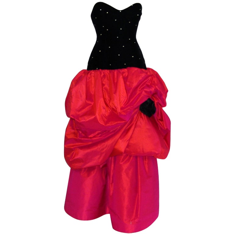 Vintage 80"s Black Velvet and Pink Taffeta Gown - 4 For Sale