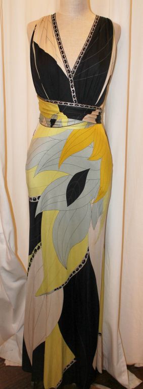 Emilio Pucci Green/Yellow/Black & White Print Silk Halter gown with long wrap sash.