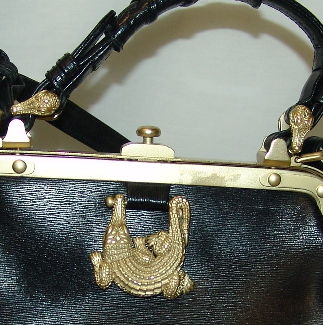 Kieselstein Cord black leather handbag with alligator detail.  Short handle drop 4