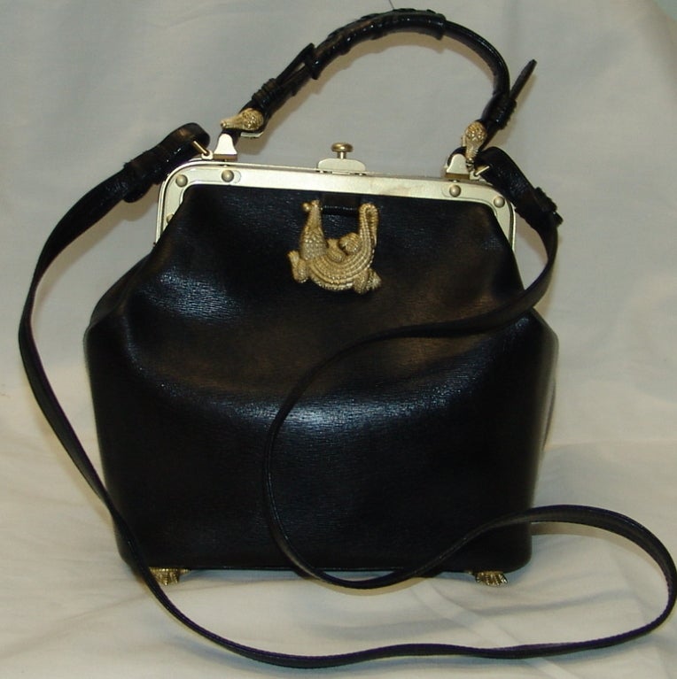 Women's Kieselstein Cord Black Leather Handbag with Alligator Detail