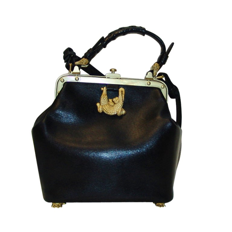 Kieselstein Cord Black Leather Handbag with Alligator Detail
