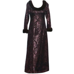 Victor Costa Brown Lace  with Fur Collar Gown