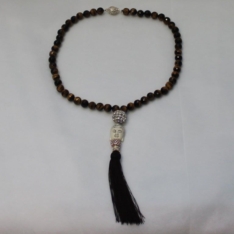 Tiger Eye Necklace with Ivory Buddha Tassel