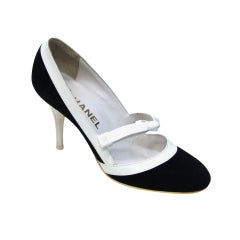 Chanel Black Suede and White Patent Leather Shoes