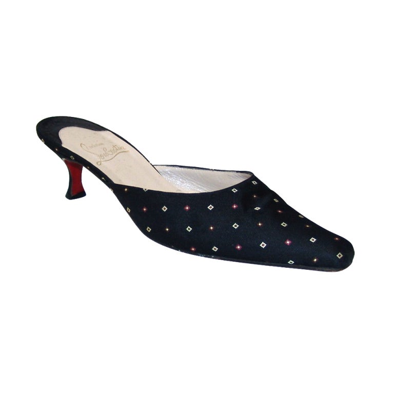 Louboutin Black Satin Patterned Mules