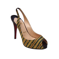 Louboutin Green and Gold Colored Material Sling Backs