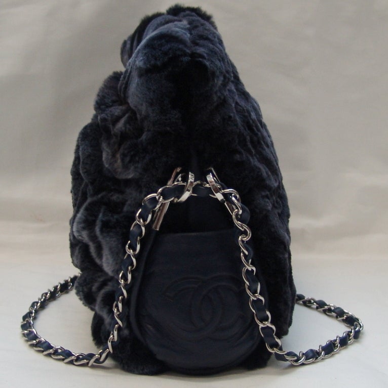 Chanel navy rabbit shearing handbag.  Height 10