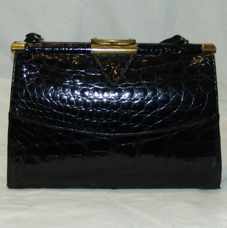Vintage Vassar black alligator handbag, refurbished by Lana Marks.  Height 9.5