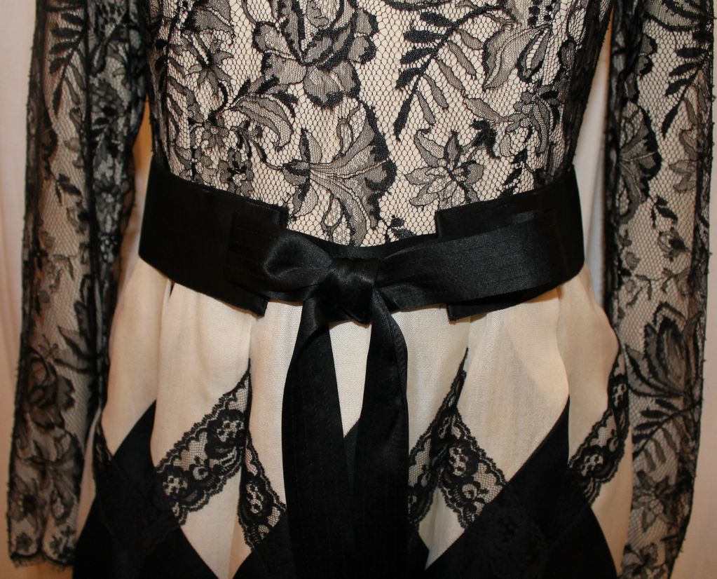 Vintage Bill Blass Black & Ivory Lace and Silk Taffeta Gown-8 1