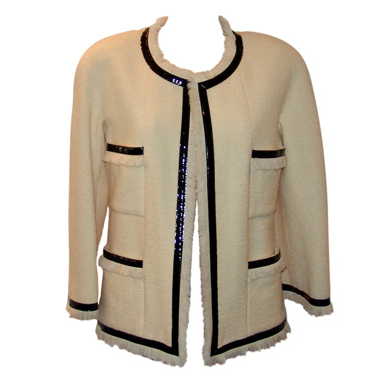 Chanel Ivory Wool Jacket with Black Patent Leather Trim