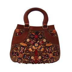 Oscar De La Renta Suede and Leather Handbag with Wood Detail