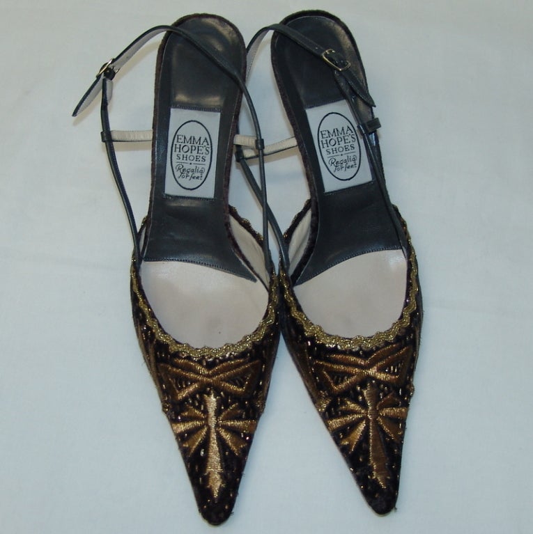 Emma Hope's black velvet mules with gold and bronze design, heel 3