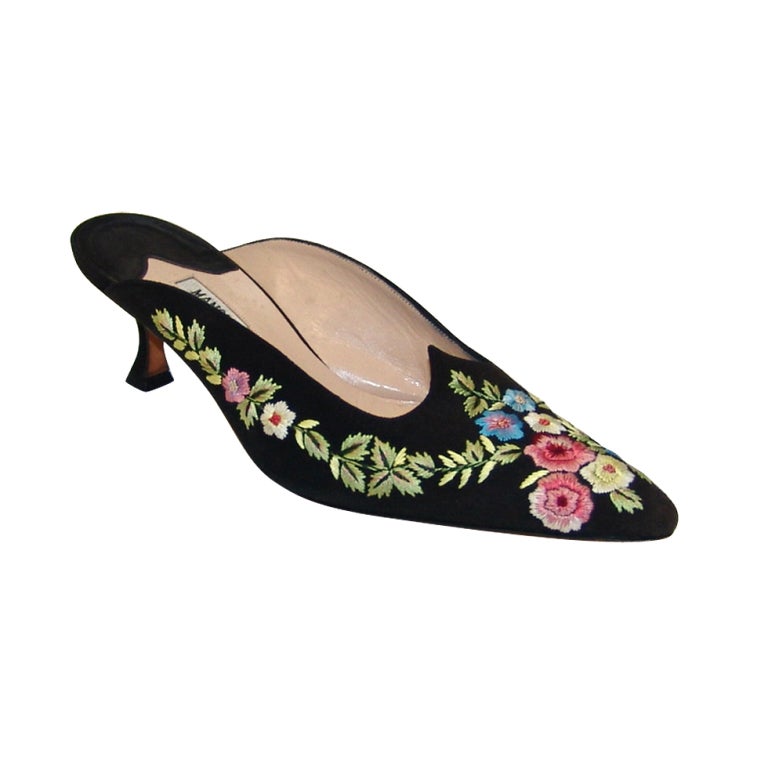 Manolo Blahnik Black Velvet Shoes with Embroidered Flowers at 1stDibs