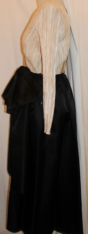 Vintage Mary McFadden Fine Pleated Black & Ivory gown with Gold/Pearl detailing and big front taffeta bow. Size 4 Circa 80's