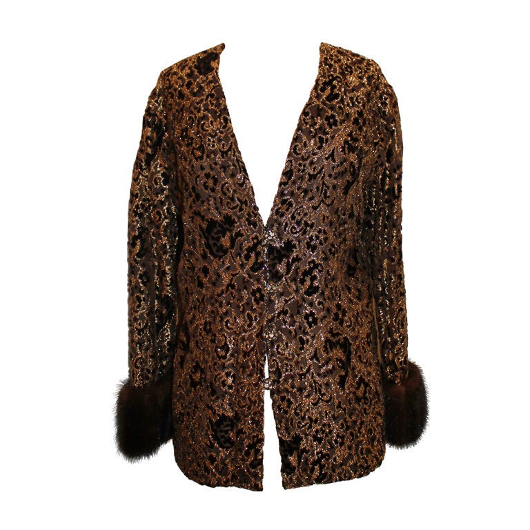 Vintage Brown and Gold Cut Velvet jacket with 4" Mink Cuffs