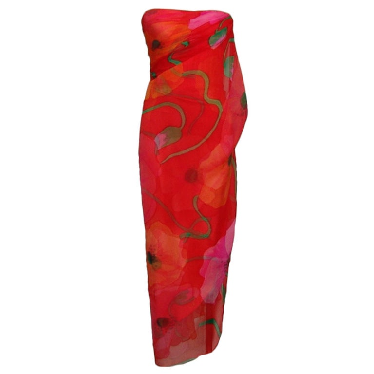Bob Mackie Couture Red Print Silk Chiffon Gown, Circa 1990s For Sale