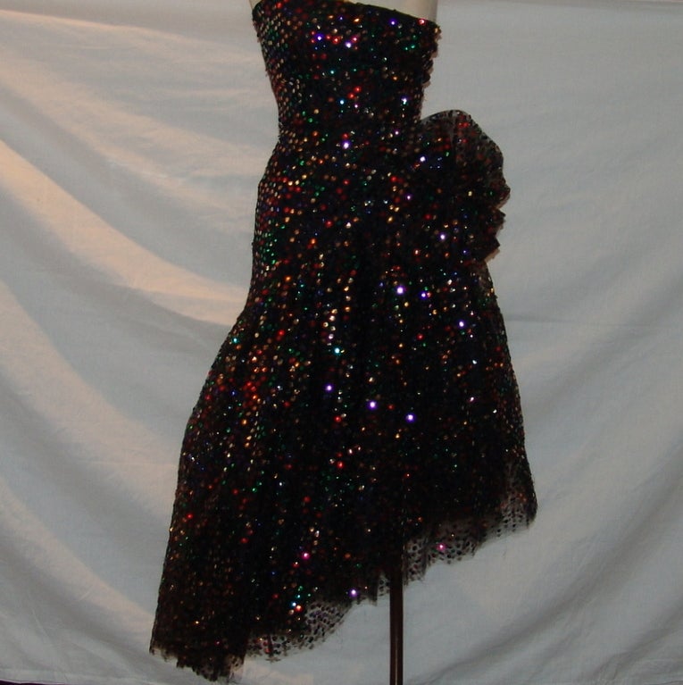 Scaasi Vintage Asymmetrical Black Tulle and multi sequin Dress-4-Circa 80's  In Excellent Condition In West Palm Beach, FL