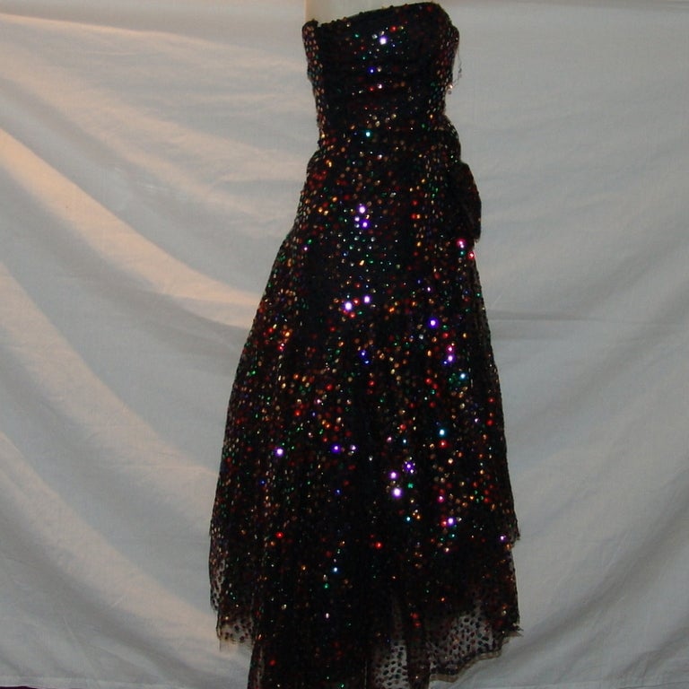 Women's Scaasi Vintage Asymmetrical Black Tulle and multi sequin Dress-4-Circa 80's 