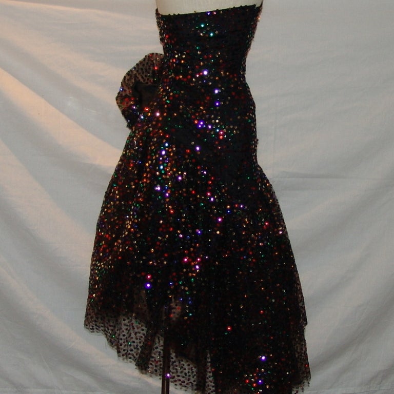 Scaasi Vintage Asymmetrical Black Tulle and multi sequin Dress-4-Circa 80's  1