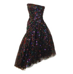 Scaasi Vintage Asymmetrical Black Tulle and multi sequin Dress-4-Circa 80's